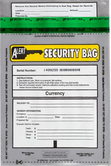 Alert Security bank deposit bag with tamper evident technology.