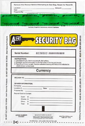 Alert Security bank deposit bag with tamper evident technology.