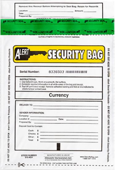 Alert Security bank deposit bag with tamper evident technology.