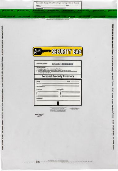 Alert Security personal property bag with tamper evident technology.