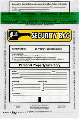 Alert Security personal property bag with tamper evident technology.