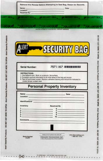 Alert Security personal property bag with tamper evident technology.