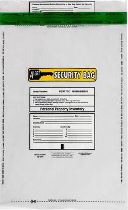 Alert Security personal property bag with tamper evident technology.