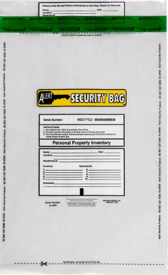 Alert Security personal property bag with tamper evident technology.