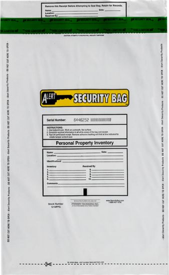 Alert Security personal property bag with tamper evident technology.