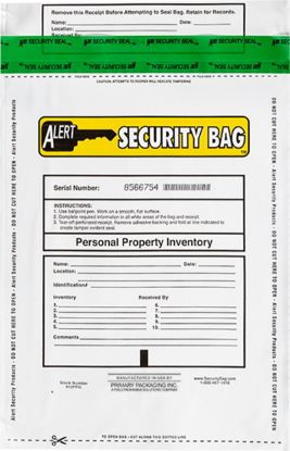 Alert Security personal property bag with tamper evident technology.