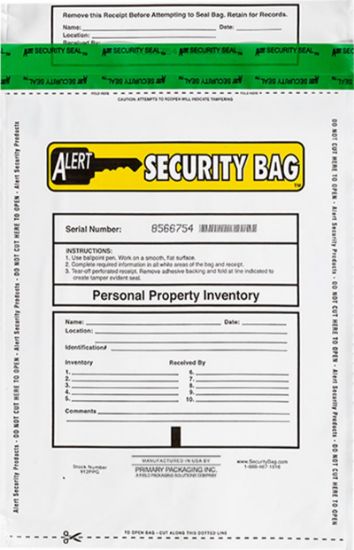 Alert Security personal property bag with tamper evident technology.