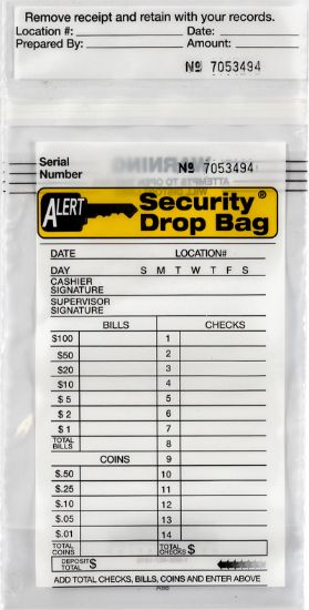 Alert Security Drop Bag with tamper evident technology.